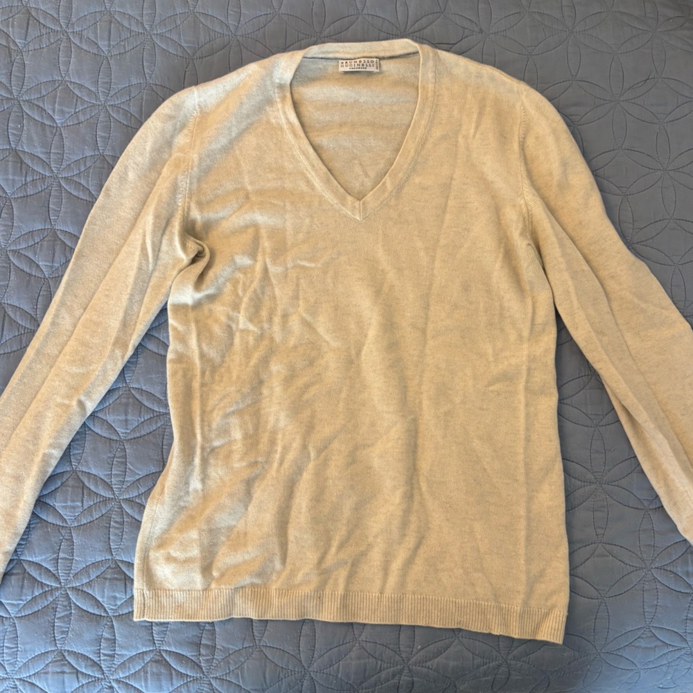 Brunello Cucinelli Beige V-Neck Sweater, Size Large. Great condition.